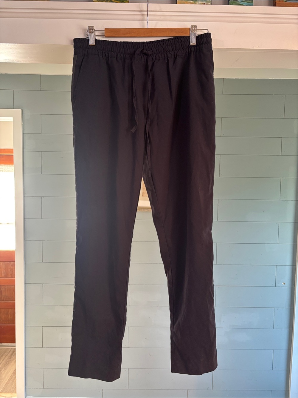 Women's Black Elastic Waist Tuxedo Stripe Straight-Leg Trousers